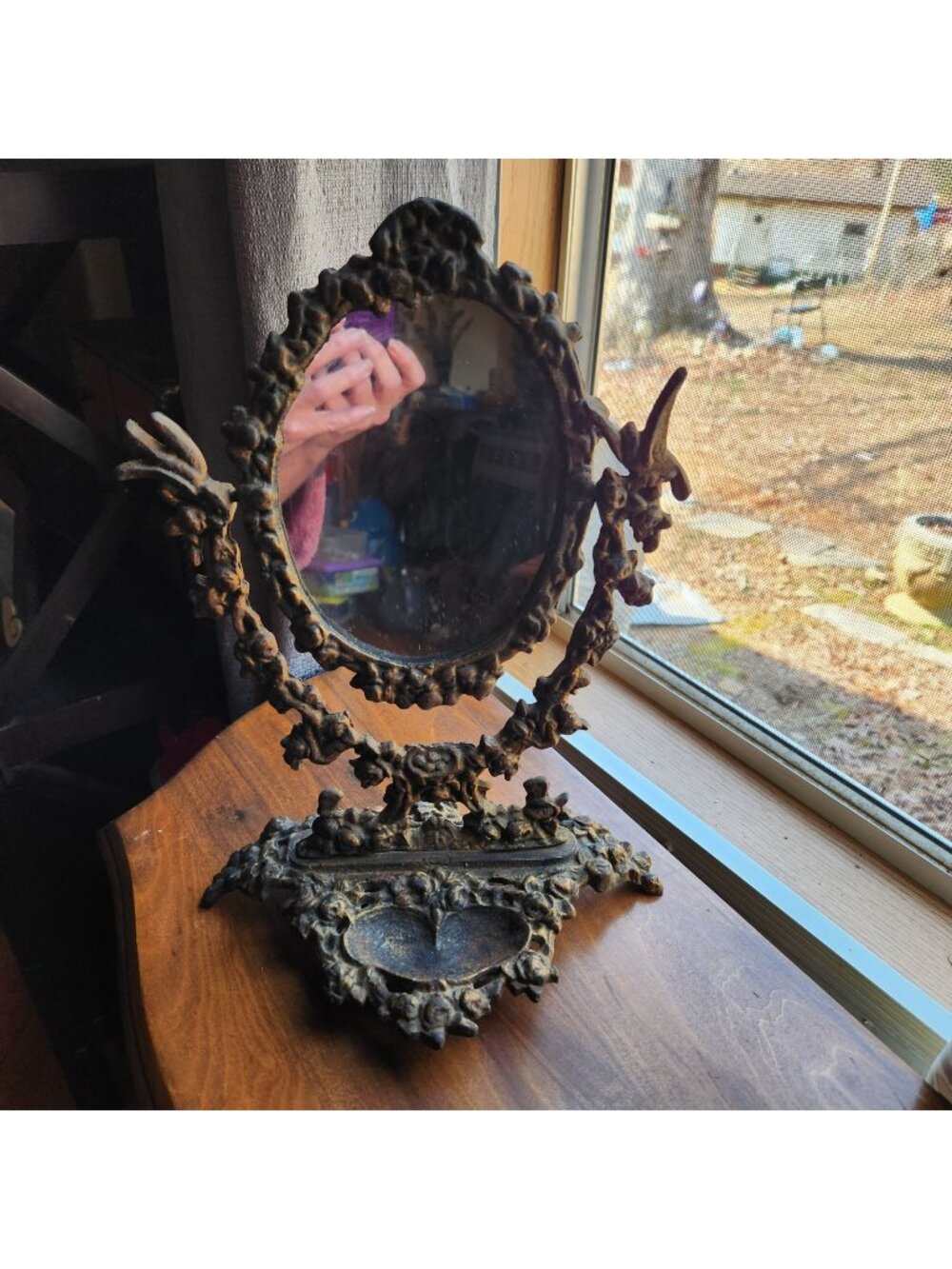 Art Nouveau Victorian Style Cast Metal Vanity Tilt Mirror With Ornate Bird, Flor